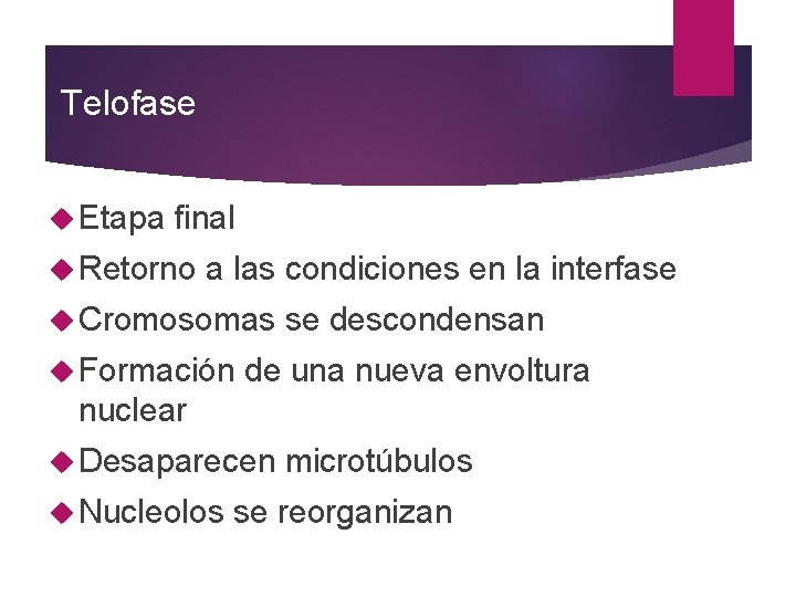 Telofase Etapa final Retorno a las condiciones en la interfase Cromosomas Formación se descondensan