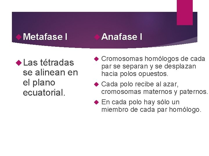  Metafase I Anafase I Las tétradas se alinean en el plano ecuatorial. Cromosomas