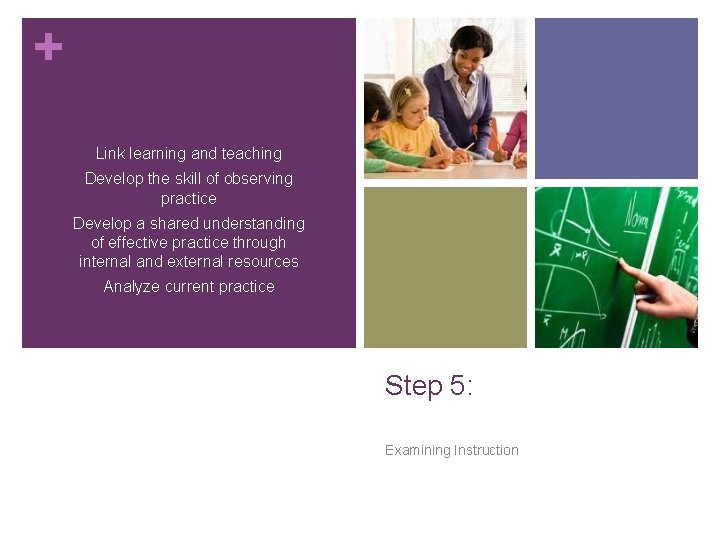+ Link learning and teaching Develop the skill of observing practice Develop a shared + Link learning and teaching Develop the skill of observing practice Develop a shared