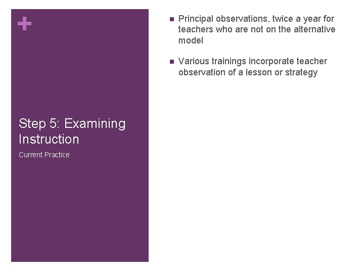 + Step 5: Examining Instruction Current Practice n Principal observations, twice a year for + Step 5: Examining Instruction Current Practice n Principal observations, twice a year for