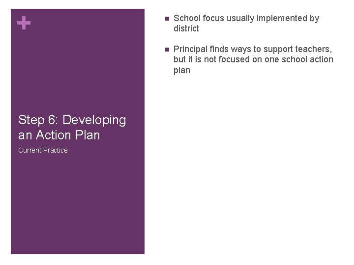 + Step 6: Developing an Action Plan Current Practice n School focus usually implemented + Step 6: Developing an Action Plan Current Practice n School focus usually implemented