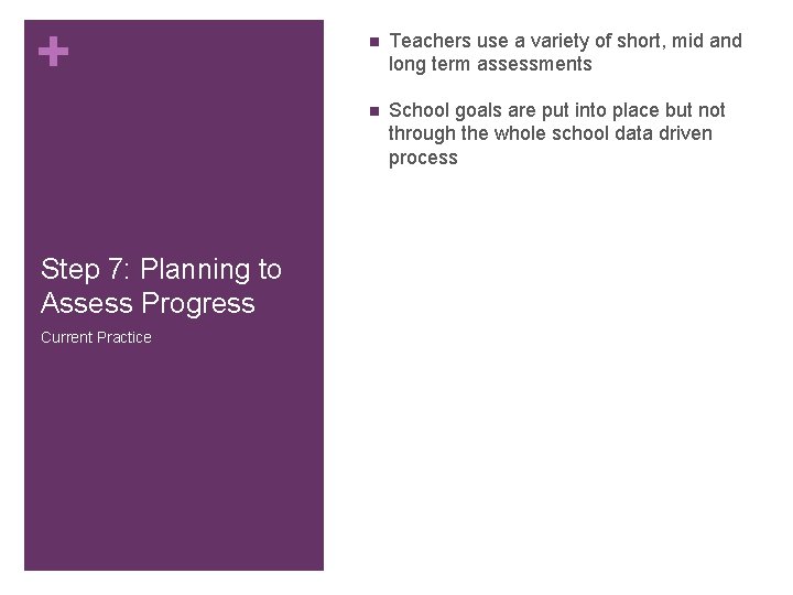 + Step 7: Planning to Assess Progress Current Practice n Teachers use a variety + Step 7: Planning to Assess Progress Current Practice n Teachers use a variety