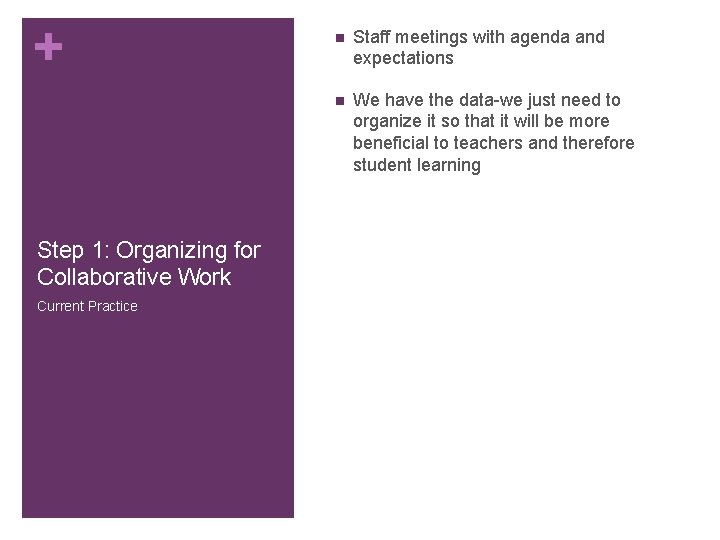 + Step 1: Organizing for Collaborative Work Current Practice n Staff meetings with agenda + Step 1: Organizing for Collaborative Work Current Practice n Staff meetings with agenda