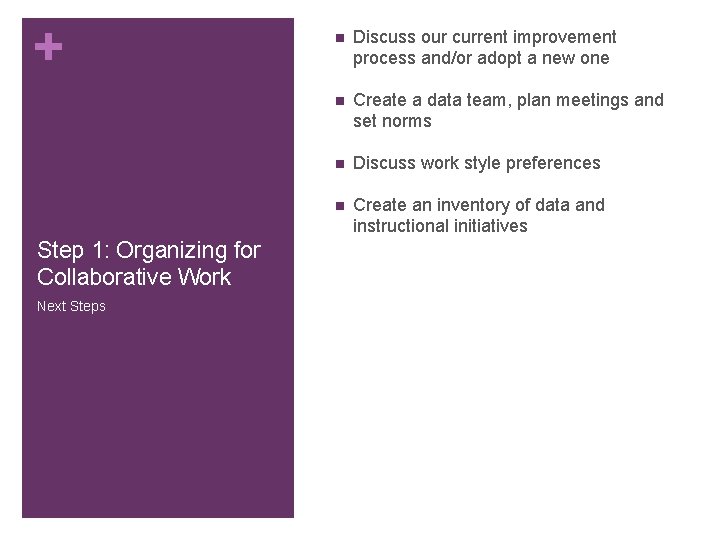 + Step 1: Organizing for Collaborative Work Next Steps n Discuss our current improvement + Step 1: Organizing for Collaborative Work Next Steps n Discuss our current improvement