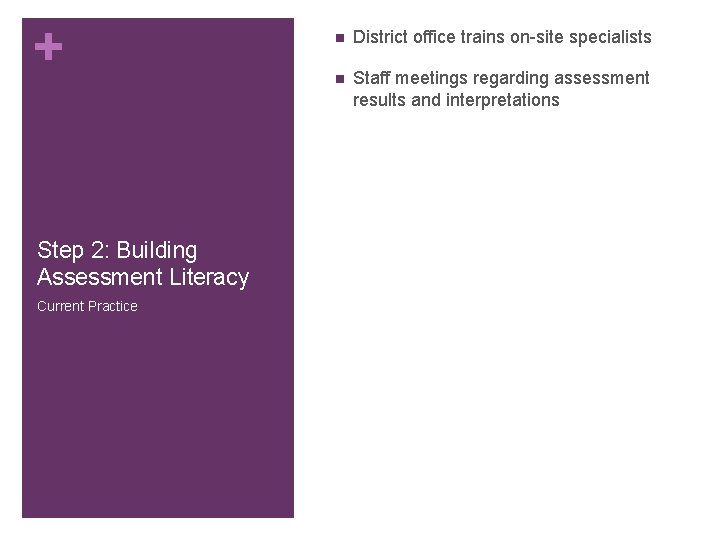 + Step 2: Building Assessment Literacy Current Practice n District office trains on-site specialists + Step 2: Building Assessment Literacy Current Practice n District office trains on-site specialists