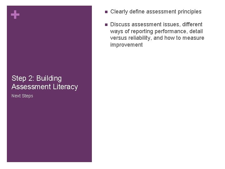 + Step 2: Building Assessment Literacy Next Steps n Clearly define assessment principles n + Step 2: Building Assessment Literacy Next Steps n Clearly define assessment principles n