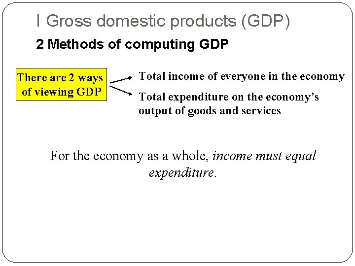 I Gross domestic products (GDP) 2 Methods of computing GDP There are 2 ways
