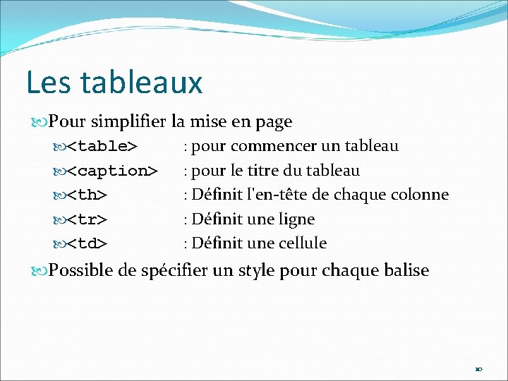 Les tableaux Pour simplifier la mise en page <table> : pour commencer un tableau