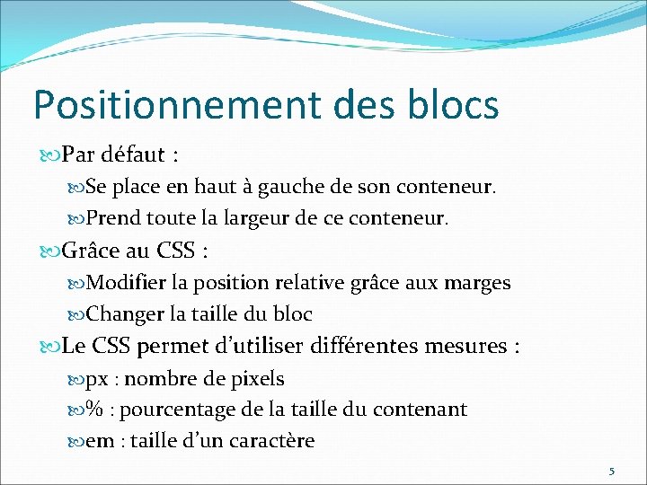 Positionnement des blocs Par défaut : Se place en haut à gauche de son