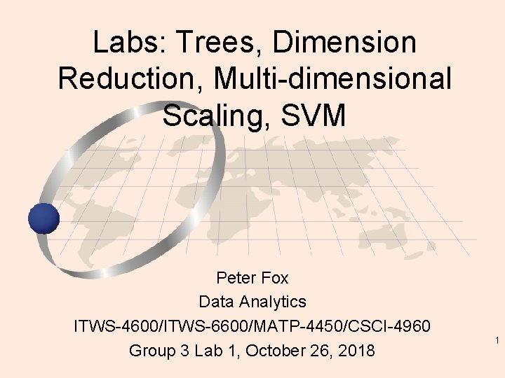 Labs: Trees, Dimension Reduction, Multi-dimensional Scaling, SVM Peter Fox Data Analytics ITWS-4600/ITWS-6600/MATP-4450/CSCI-4960 Group 3