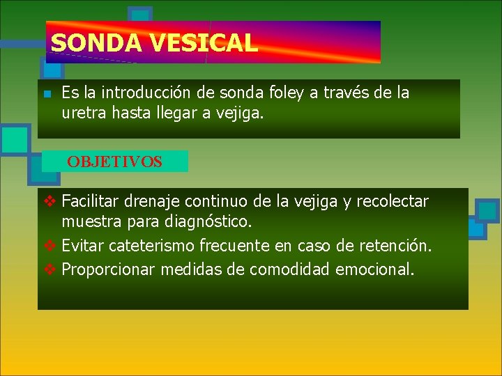 SONDA VESICAL n Es la introducción de sonda foley a través de la uretra