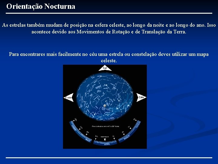 Orientação Nocturna As estrelas também mudam de posição na esfera celeste, ao longo da Orientação Nocturna As estrelas também mudam de posição na esfera celeste, ao longo da