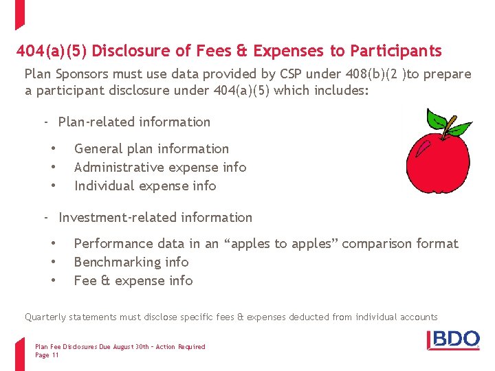 404(a)(5) Disclosure of Fees & Expenses to Participants Plan Sponsors must use data provided