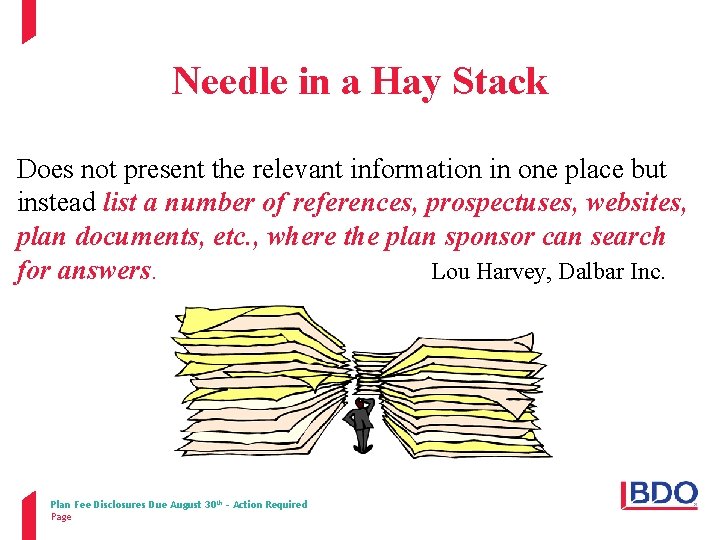 Needle in a Hay Stack Does not present the relevant information in one place