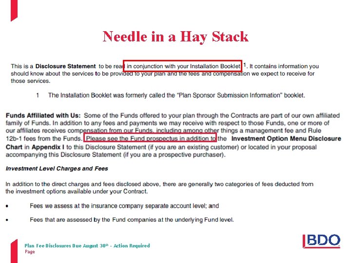 Needle in a Hay Stack Plan Fee Disclosures Due August 30 th – Action