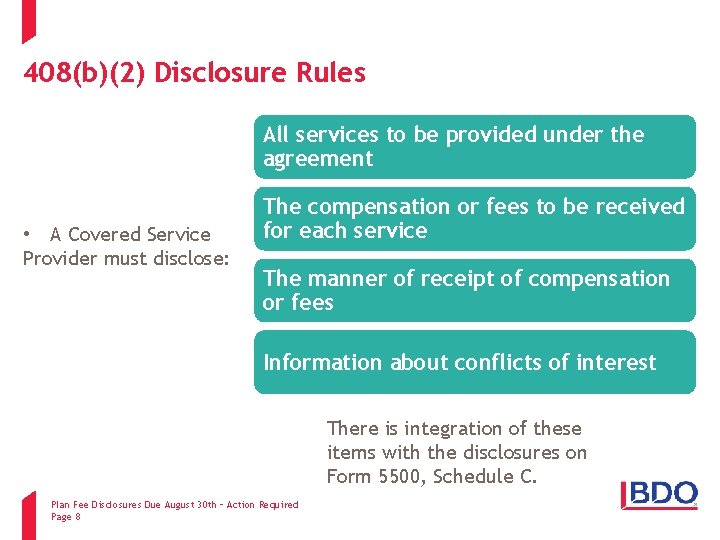 408(b)(2) Disclosure Rules All services to be provided under the agreement • A Covered