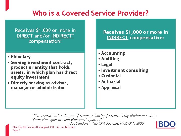 Who is a Covered Service Provider? Receives $1, 000 or more in DIRECT and/or