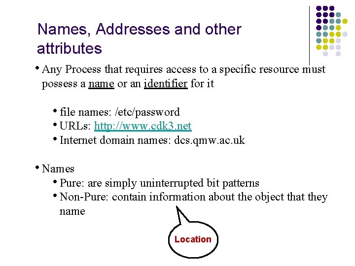 Names, Addresses and other attributes • Any Process that requires access to a specific
