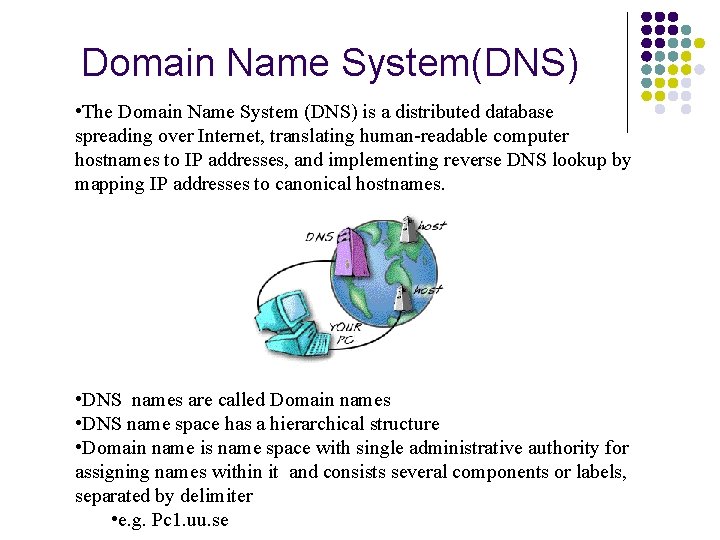 Domain Name System(DNS) • The Domain Name System (DNS) is a distributed database spreading