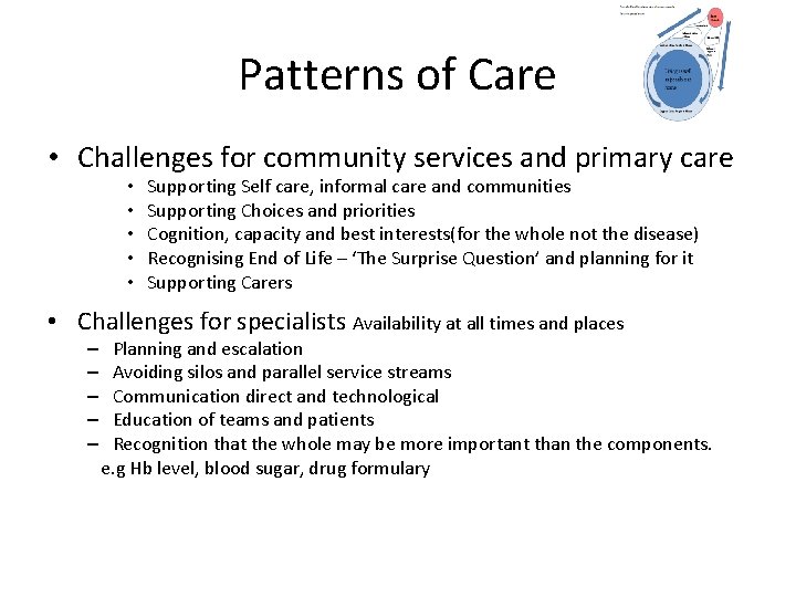 Patterns of Care • Challenges for community services and primary care • • •