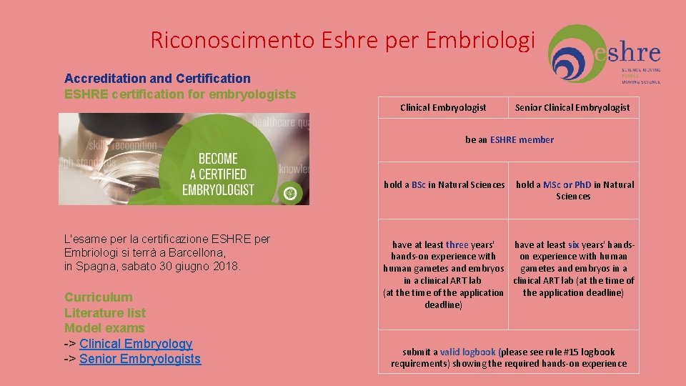Riconoscimento Eshre per Embriologi Accreditation and Certification ESHRE certification for embryologists Clinical Embryologist Senior