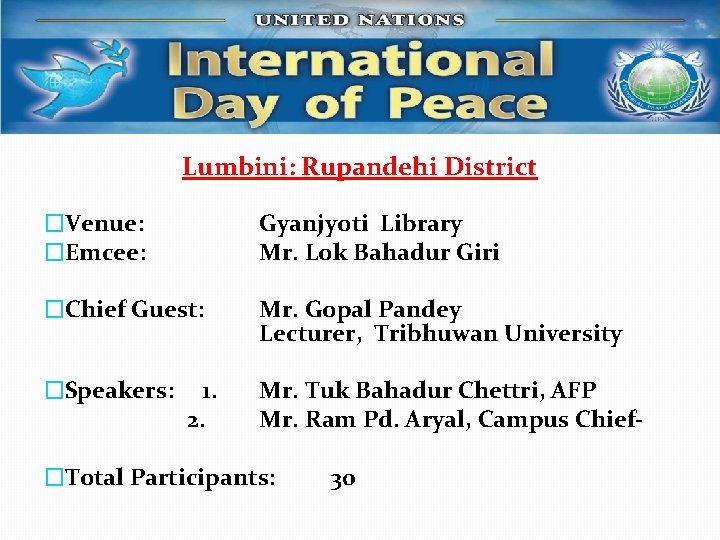 Lumbini: Rupandehi District �Venue: �Emcee: Gyanjyoti Library Mr. Lok Bahadur Giri �Chief Guest: Mr.