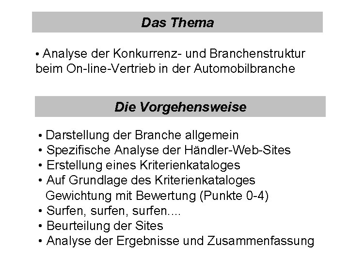 Das Thema • Analyse der Konkurrenz- und Branchenstruktur beim On-line-Vertrieb in der Automobilbranche Die