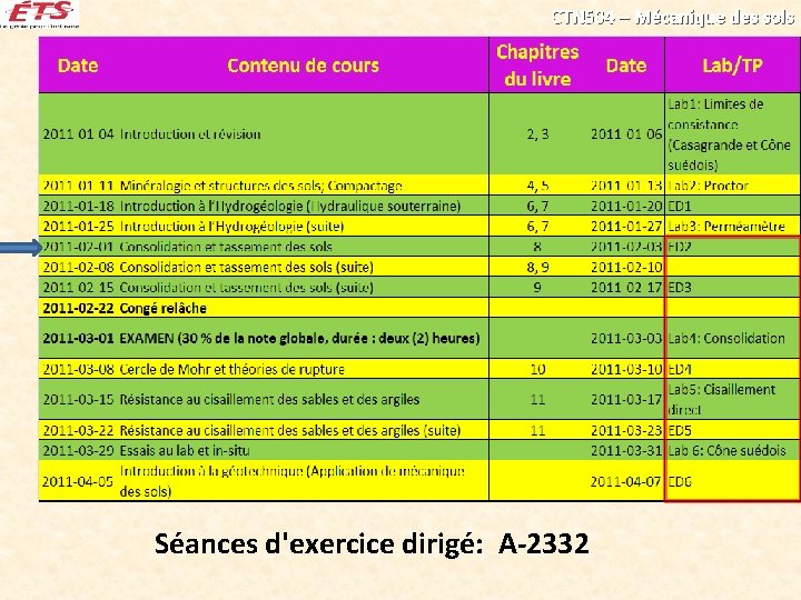 CTN 504 – Mécanique des sols Séances d'exercice dirigé: A-2332 