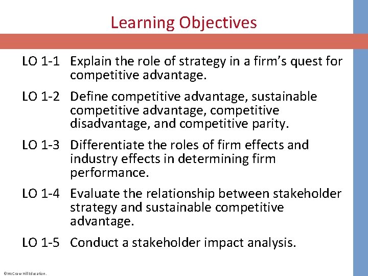 Learning Objectives LO 1 -1 Explain the role of strategy in a firm’s quest