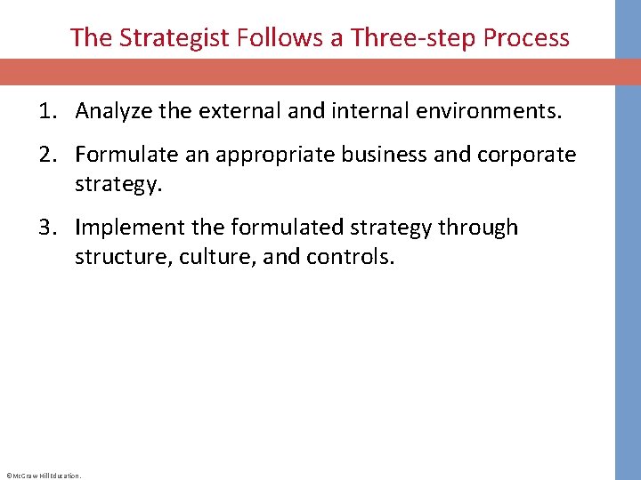 The Strategist Follows a Three-step Process 1. Analyze the external and internal environments. 2.