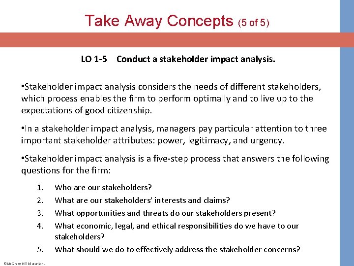 Take Away Concepts (5 of 5) LO 1 -5 Conduct a stakeholder impact analysis.