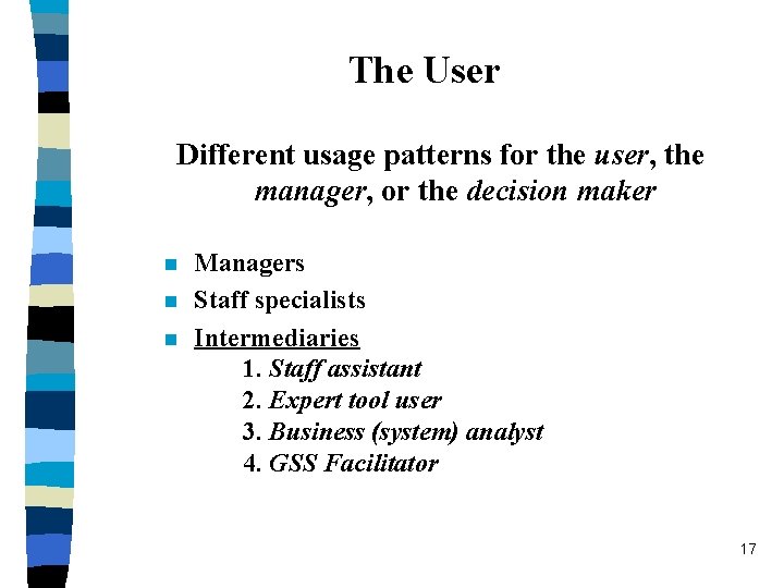 The User Different usage patterns for the user, the manager, or the decision maker