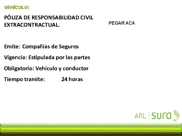 VEHÍCULO: PÓLIZA DE RESPONSABILIDAD CIVIL EXTRACONTRACTUAL. Emite: Compañías de Seguros Vigencia: Estipulada por las