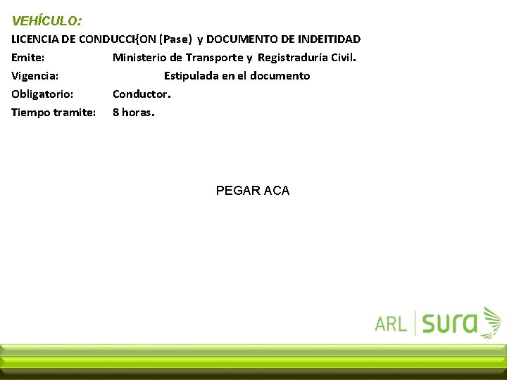 VEHÍCULO: LICENCIA DE CONDUCCI{ON (Pase) y DOCUMENTO DE INDEITIDAD Emite: Ministerio de Transporte y