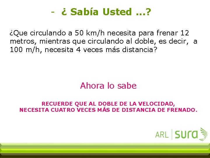 - ¿ Sabía Usted. . . ? ¿Que circulando a 50 km/h necesita para