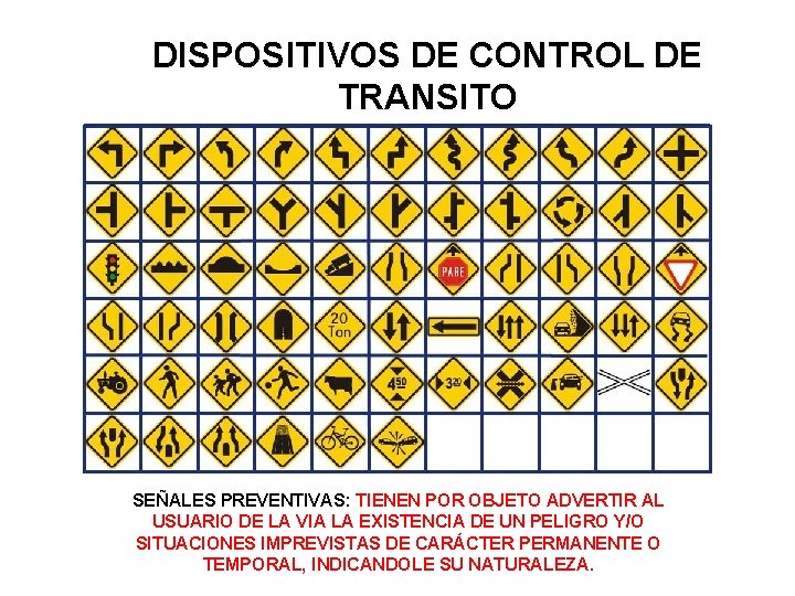 DISPOSITIVOS DE CONTROL DE TRANSITO SEÑALES PREVENTIVAS: TIENEN POR OBJETO ADVERTIR AL USUARIO DE