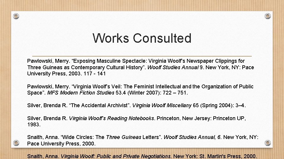 Works Consulted Pawlowski, Merry. “Exposing Masculine Spectacle: Virginia Woolf’s Newspaper Clippings for Three Guineas