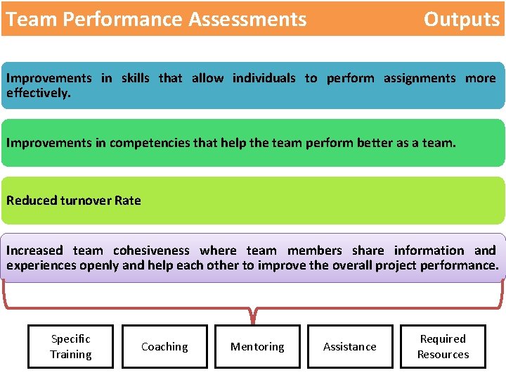 Team Performance Assessments Outputs Improvements in skills that allow individuals to perform assignments more Team Performance Assessments Outputs Improvements in skills that allow individuals to perform assignments more