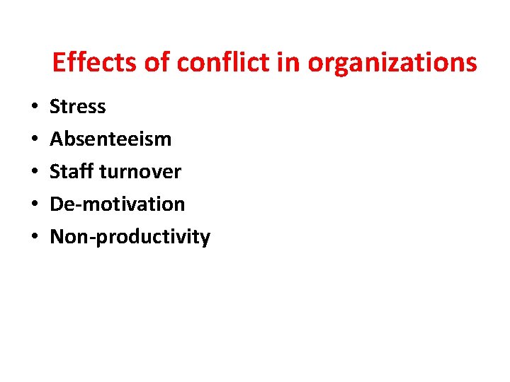 Effects of conflict in organizations • • • Stress Absenteeism Staff turnover De-motivation Non-productivity Effects of conflict in organizations • • • Stress Absenteeism Staff turnover De-motivation Non-productivity