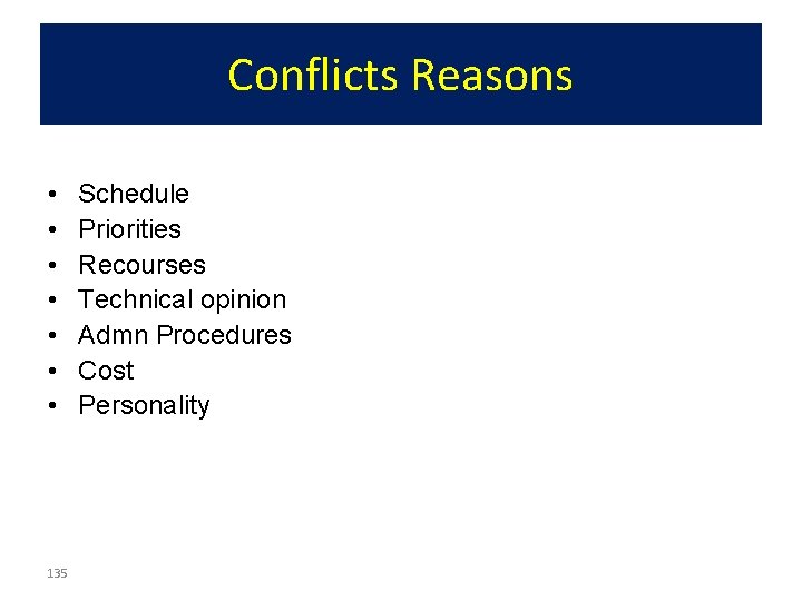 Conflicts Reasons • • 135 Schedule Priorities Recourses Technical opinion Admn Procedures Cost Personality Conflicts Reasons • • 135 Schedule Priorities Recourses Technical opinion Admn Procedures Cost Personality