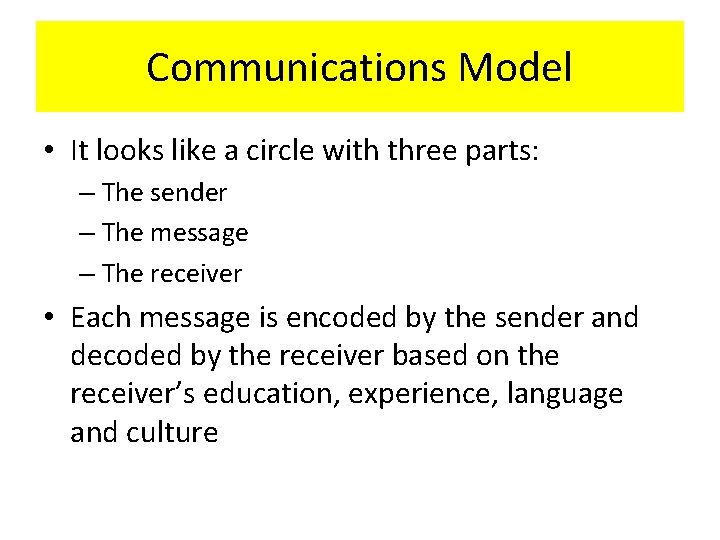 Communications Model • It looks like a circle with three parts: – The sender Communications Model • It looks like a circle with three parts: – The sender