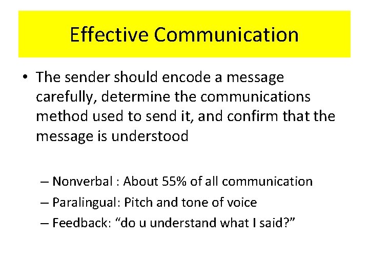 Effective Communication • The sender should encode a message carefully, determine the communications method Effective Communication • The sender should encode a message carefully, determine the communications method