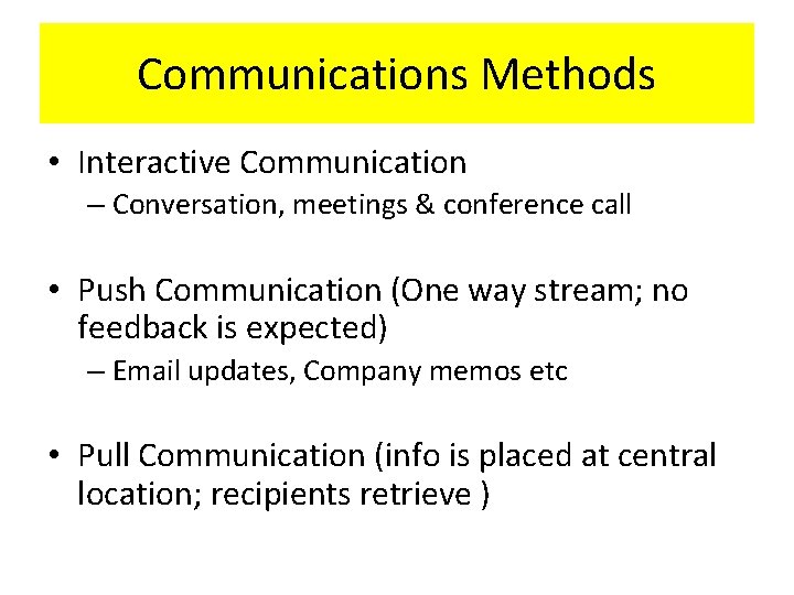 Communications Methods • Interactive Communication – Conversation, meetings & conference call • Push Communication Communications Methods • Interactive Communication – Conversation, meetings & conference call • Push Communication