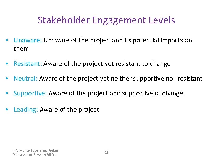 Stakeholder Engagement Levels • Unaware: Unaware of the project and its potential impacts on Stakeholder Engagement Levels • Unaware: Unaware of the project and its potential impacts on