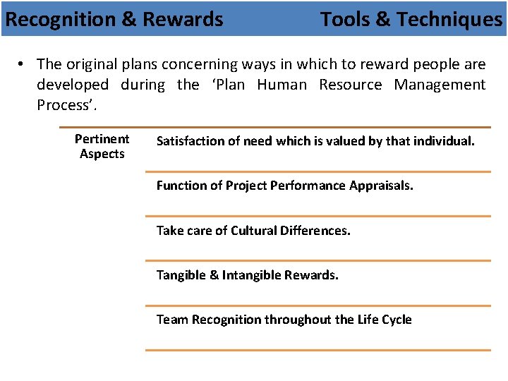 Recognition & Rewards Tools & Techniques • The original plans concerning ways in which Recognition & Rewards Tools & Techniques • The original plans concerning ways in which