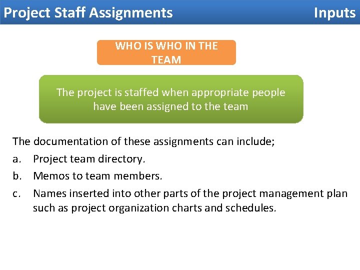 Project Staff Assignments Inputs WHO IS WHO IN THE TEAM The project is staffed Project Staff Assignments Inputs WHO IS WHO IN THE TEAM The project is staffed