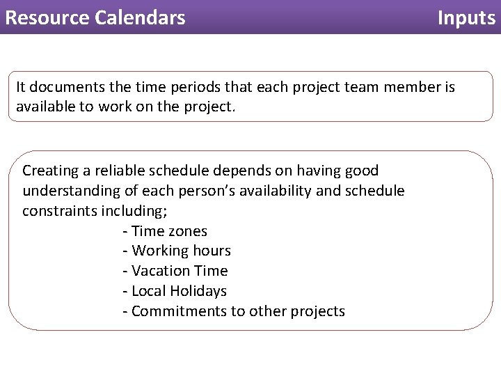 Resource Calendars Inputs It documents the time periods that each project team member is Resource Calendars Inputs It documents the time periods that each project team member is