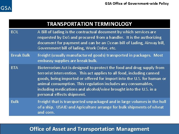 GSA Office of Government-wide Policy TRANSPORTATION TERMINOLOGY BOL A Bill of Lading is the