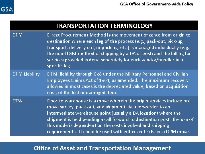 GSA Office of Government-wide Policy TRANSPORTATION TERMINOLOGY DPM Direct Procurement Method is the movement
