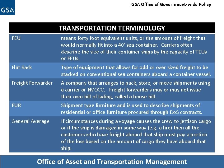 GSA Office of Government-wide Policy TRANSPORTATION TERMINOLOGY FEU means forty foot equivalent units, or